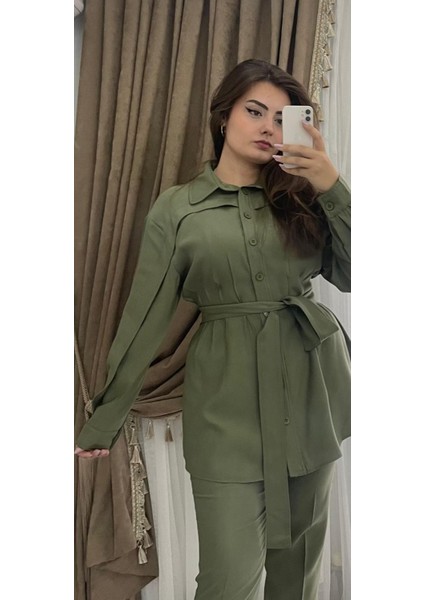 Haki Renk Belden Kuşaklı Pantolonlu Takım modelleri