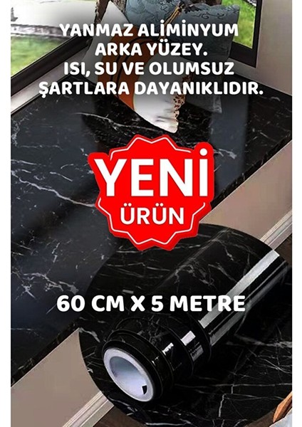 Mermer Desenli Tezgah Arası Dolap Mutfak Kağıdı Yapışkanlı Siyah Folyo