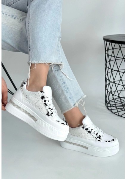 Lawin Beyaz Cilt Beyaz Simli Bağcıklı Spor Ayakkabı