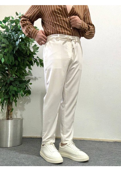 Erkek Beyaz Yüksek Bel Pileli Kumaş Pantolon Modern Düğmeli Şık ve Günlük Kullanıma Uygun