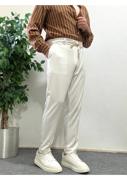 Erkek Beyaz Yüksek Bel Pileli Kumaş Pantolon Modern Düğmeli Şık ve Günlük Kullanıma Uygun fırsatları