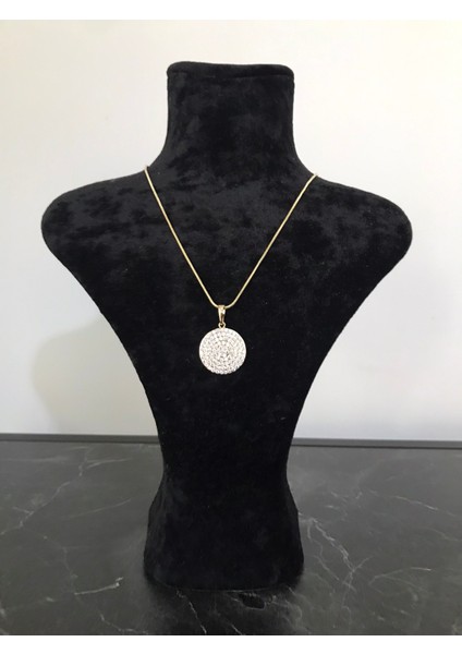 Paslanmaz Çelik Gümüş Renk Yuvarlak Full Taşlı Işıltılı Kuyumcu Model Kolye