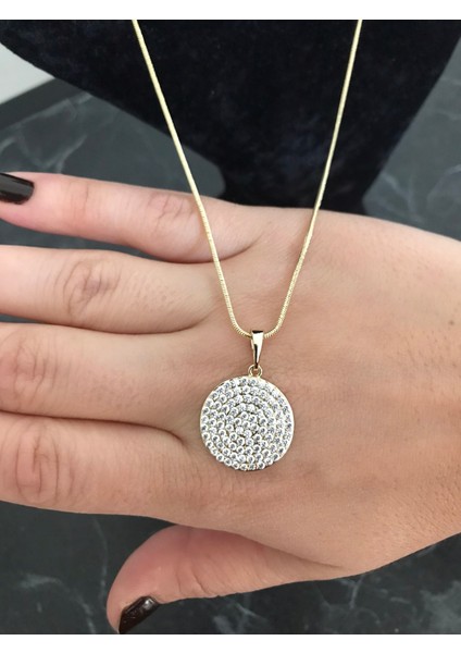 Paslanmaz Çelik Gümüş Renk Yuvarlak Full Taşlı Işıltılı Kuyumcu Model Kolye fırsatları