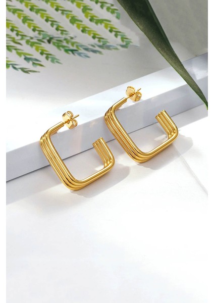 Modern Kare Tasarım Altın Kaplama Kadın Çelik Küpe