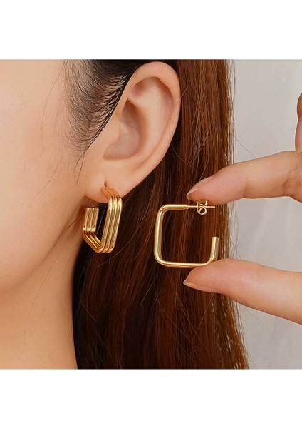 Modern Kare Tasarım Altın Kaplama Kadın Çelik Küpe