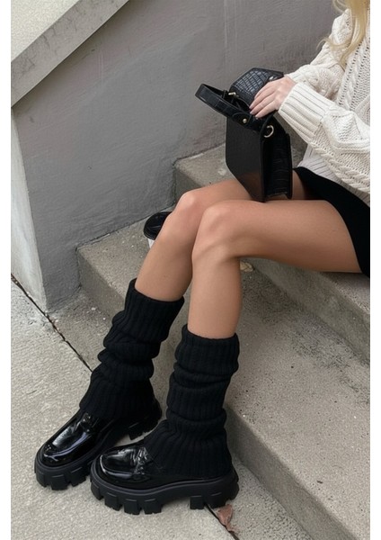 Siyah %100 Akrilik Üst Kalite Triko Örgü Çorap Tozluk