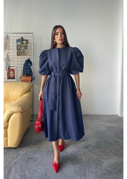 Tencel Karpuz Kol Elbise - Indigo