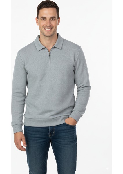 Erkek Kışlık Kazak Pamuklu Dokuma Yarım Fermuarlı Polo Yaka Uzun Kollu Düz Renk Rahat Kesim