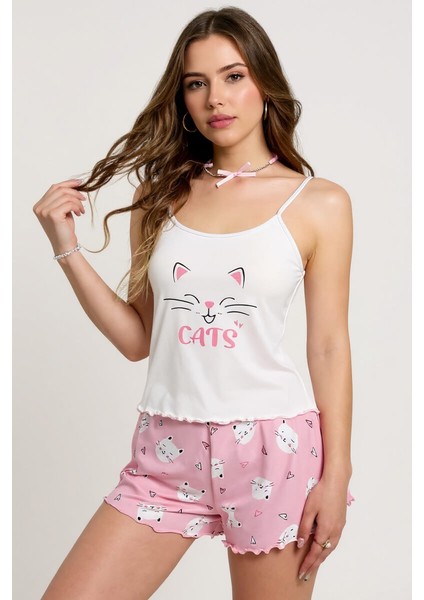 Renkli Kedi Desenli Askılı Şortlu Kadın Pijama Takımı
