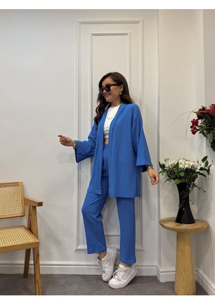 Kadın Uzun Kollu Önü Açık Dokuma Ceket ve Pantolon Ikili Takım