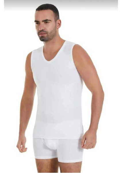 Erkek 3'lü Beyaz Modal V Yaka Sıfır Kol Atlet