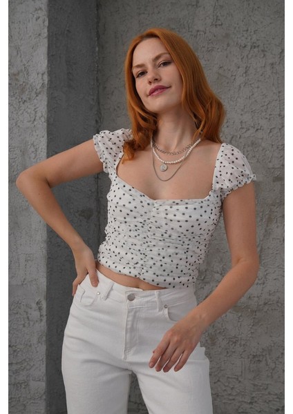 Puantiyeli Belden Oturtmalı Tül Beyaz Bluz indirimleri