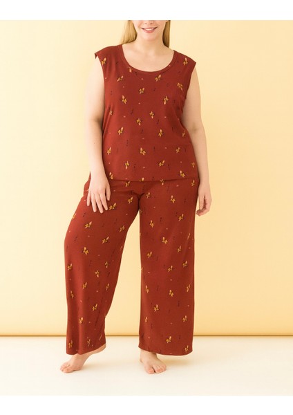 %100 Pamuklu Penye Kumaş Gri Büyük Beden Rahat Sıfır Kol Pijama Takımı