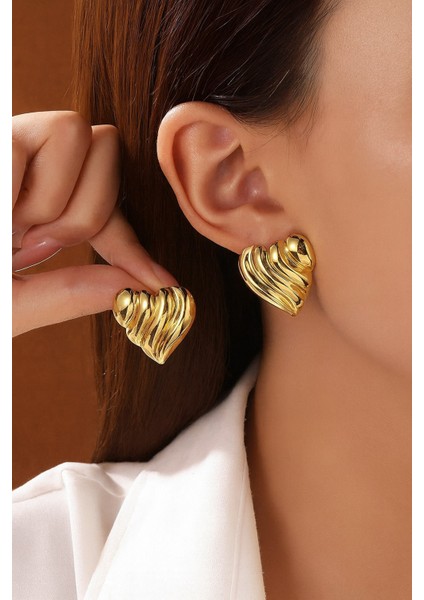 Paslanmaz Çelik Zarif Kalp Tasarım Gold Kadın Küpe