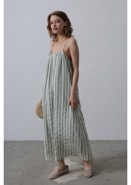 Askılı Çizgi Desen Elbise - Haki modelleri