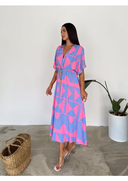 Kruvaze Yaka Viskon Kumaş Yaprak Desenli Elbise Oversıze Yırtmaç Detay modelleri