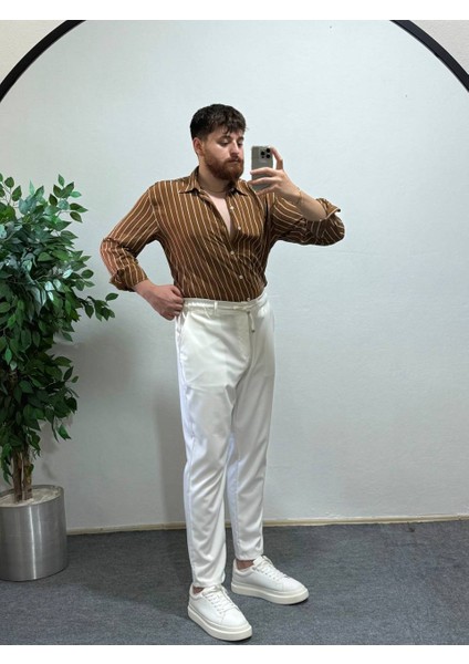 Erkek Taba Beyaz Dikey Çizgili Yarım Oversize Gömlek Modern Tarz, Nefes Alan Ince Kumaş Şık