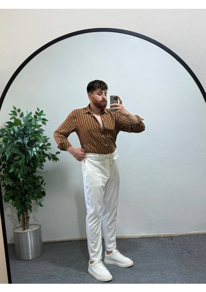 Erkek Taba Beyaz Dikey Çizgili Yarım Oversize Gömlek Modern Tarz, Nefes Alan Ince Kumaş Şık modelleri