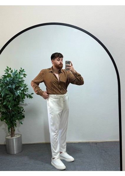 Erkek Taba Beyaz Dikey Çizgili Yarım Oversize Gömlek Modern Tarz, Nefes Alan Ince Kumaş Şık fırsatları