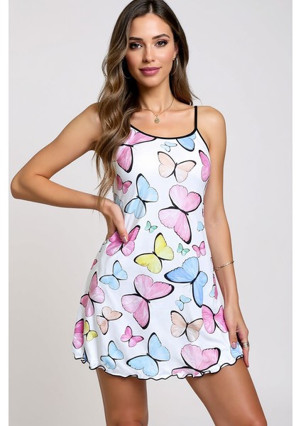 Renkli Kelebek Desenli Askılı Kadın Gecelik