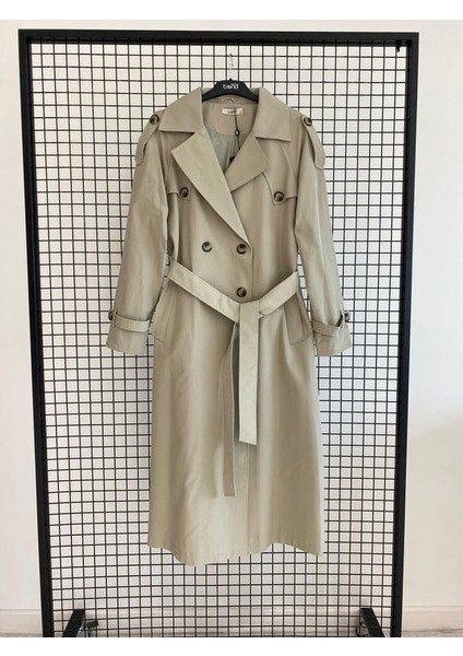 Kruvaze Kapamalı Düğmeli Belden Kuşaklı Kap Haki 25KT720