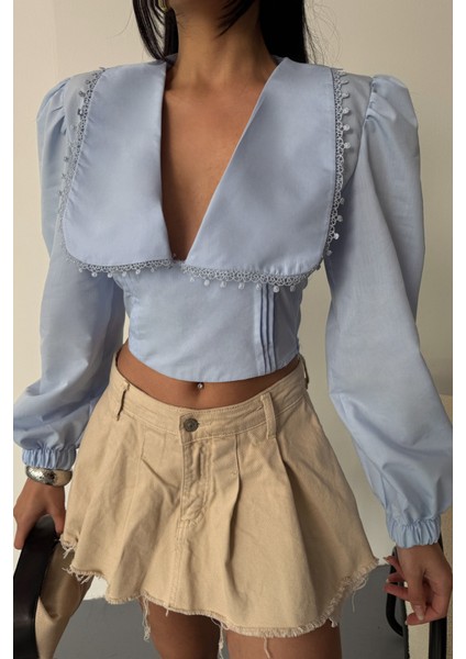 Crop Poplin Gömlek Yaka Kenar Dantel Detaylı - Bebe Mavi fiyatları