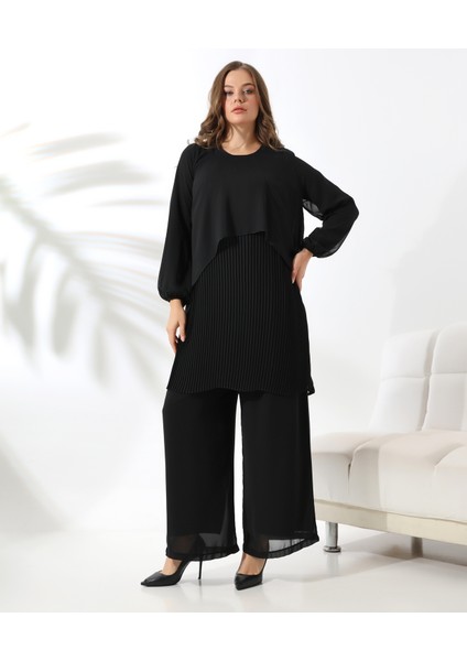 Büyük Beden Piliseli Şifon Tesettür Tunik