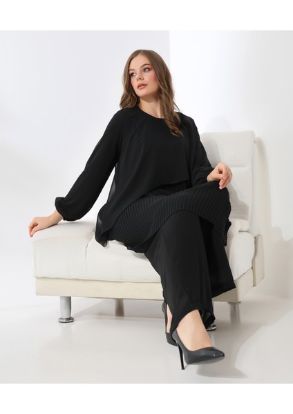 Büyük Beden Piliseli Şifon Tesettür Tunik