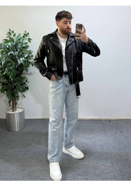 Içi Kürklü Erkek Yandan Kemerli Deri Ceket Koldan Fermuar Gizli Cep Kombinlenebilir Üst Kalite Deri