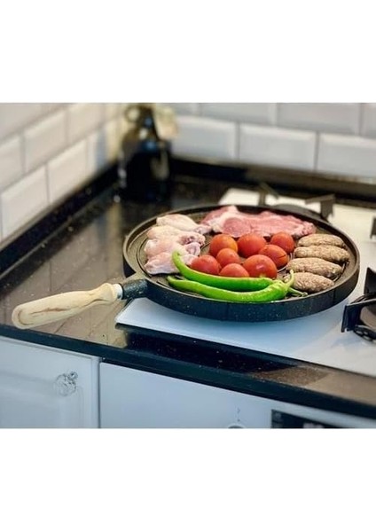 Yanmaz Yapışmaz Granit Kaplama Döküm Çift Taraflı Izgara ve Gözleme Tavası, Çift Taraflı Bazlama ve Et Tavası, Çıkarılabilir Saplı Granit Kaplama Döküm Tava 34CM modelleri