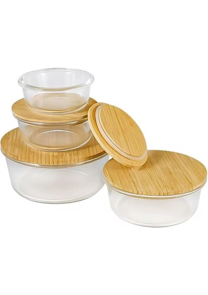 Home Bambu Kapaklı Vakumlu Cam Saklama Kabı Seti - Yuvarlak, Kare ve Dikdörtgen Gıda Saklama Kabı - Hava Geçirmez Kahvaltılık ve Mutfak Düzeni Için Cam Doğal Ahşap Kapaklı (Yuvarlak, 525 Ml)