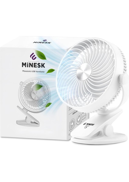 Mini Vantilatör - Masaüstü USB Fan - Klipsli Sabitleme - 360° Ayarlanabilir - Ultra Güçlü Hava Akımı ile Süper Serinlik Hissi - Portatif, Taşınabilir, Minimalist Tasarım (Beyaz)