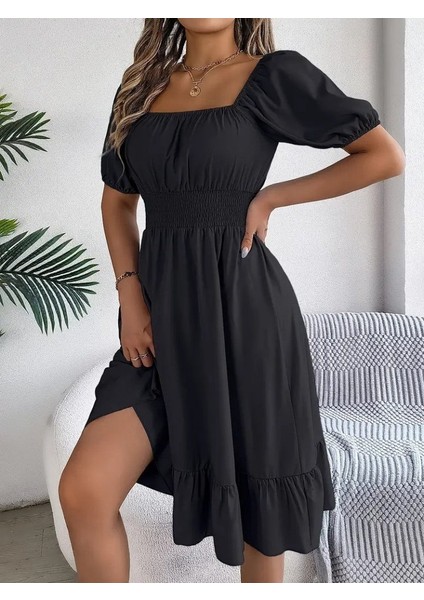 Kadın Kısa Kollu Kare Yakalı Beli Lastikli Kısa Trikoton Elbise modelleri