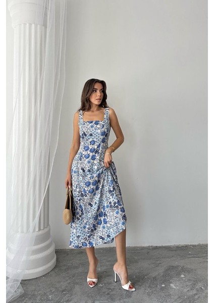 Mavi Çiçekli Viskon Elbise fiyatları