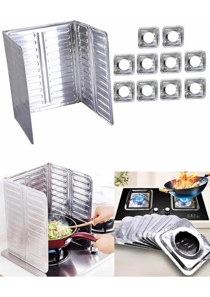 Ocak Arkası ve Yanı Koruyucu Alüminyum Koruyucu Panel Pişirme Tava Yağ Sıçrama Önleyici ve 10 Adet Kare Alüminyum Ocak Kapağı Koruyucu Sıçrama Dökülme Önleyici Set