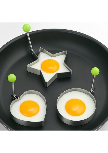 3 Lü Metal Omlet ve Krep Kalıbı Seti | Yuvarlak, Kalp ve Yıldız Şekilli Yanmaz & Yapışmaz Pişirme Kalıpları | Kahvaltı, Yumurta, Pancake ve Krep Için Şekil Verici