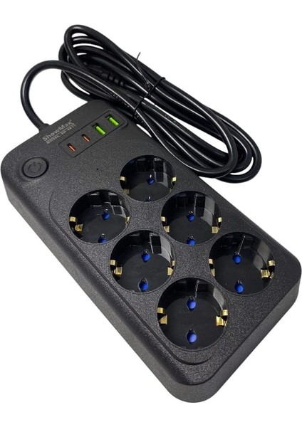 Showmax Serisi SH-3046 Termal Akım Korumalı Priz 2 mt (6 Priz + 2 USB + 2 Type-C) (6 Lı 2xusb 2xtype C Çıkışlı)