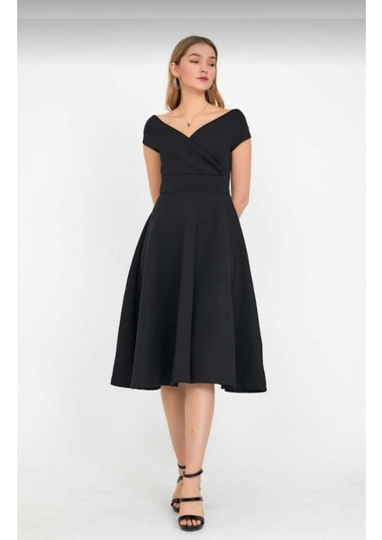 Düşük Omuz Eteği Pileli Krep Kumaş Midi Boy Elbise fiyatları