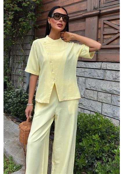 Hakim Yaka Çapraz Düğmeli Plazzo Pantolon Viscon Keten Takım 10209