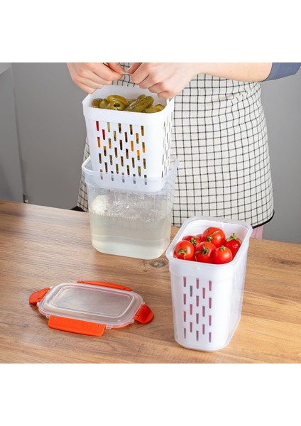1047 2'li Turuncu Kilitli Kapaklı Süzgeçli Turşuluk Zeytinlik Çok Amaçlı Dikdörtgen Saklama Kabı 2 L