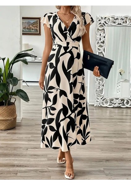 Kadın Kısa Kelebek Kollu Kruvaze Yaka Desenli Süprem Elbise fiyatları