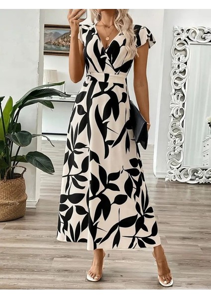 Kadın Kısa Kelebek Kollu Kruvaze Yaka Desenli Süprem Elbise modelleri