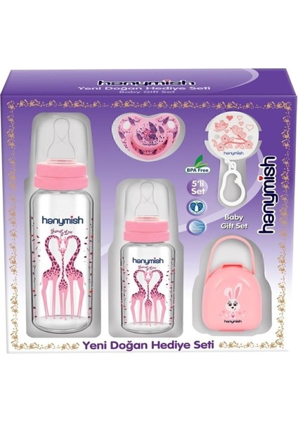 Pembe Yenidoğan Bebek Cam Biberon ve Emzik Seti, 5'li Hediye Paketli