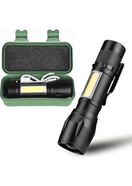 Şarjlı Mini LED El Feneri | 400 Lümen Xpe + Cob Led, Zoomlu, 3 Mod, Alüminyum Gövde, Micro USB ile Şarj | Kamp, Acil Durum, Bisiklet ve Araç Için Taşınabilir Fener