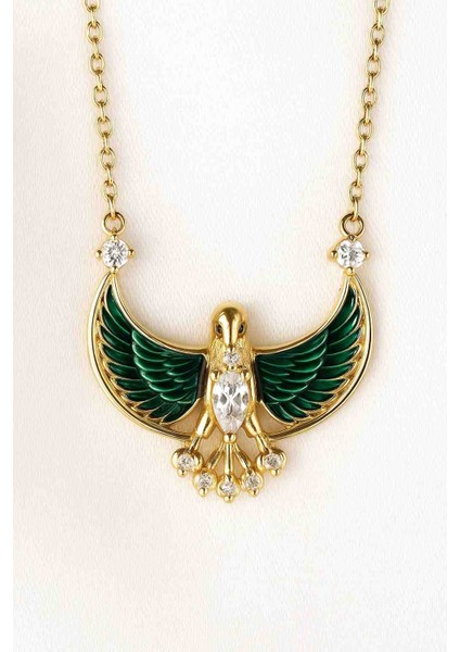 Altın Yeşil Kanatlı Kartal Figürlü Zarif Kadın Çelik Kolye