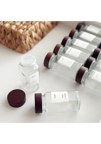 Premium Cam Baharat Kavanoz Seti - Akasya Ağacı Kapaklı, Minimal Etiketli (%100 Doğal, 12'li Set) fiyatları