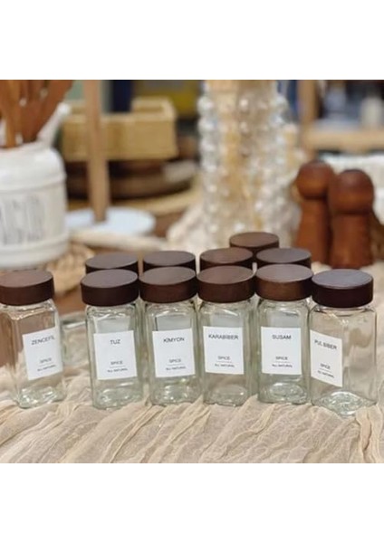 Premium Cam Baharat Kavanoz Seti - Akasya Ağacı Kapaklı, Minimal Etiketli (%100 Doğal, 12'li Set) modelleri
