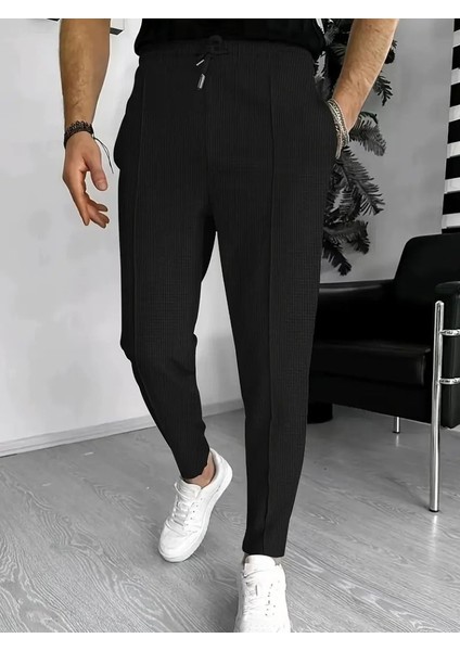Erkek Yüksek Bel Önden Bağcıklı Cepli Waffle Pantolon