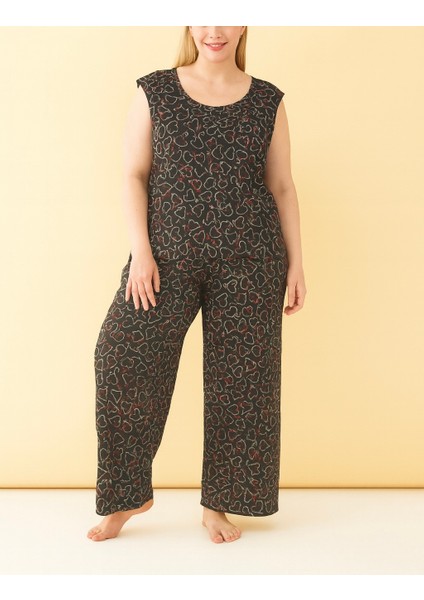 %100 Pamuklu Penye Kumaş Gri Büyük Beden Rahat Sıfır Kol Pijama Takımı