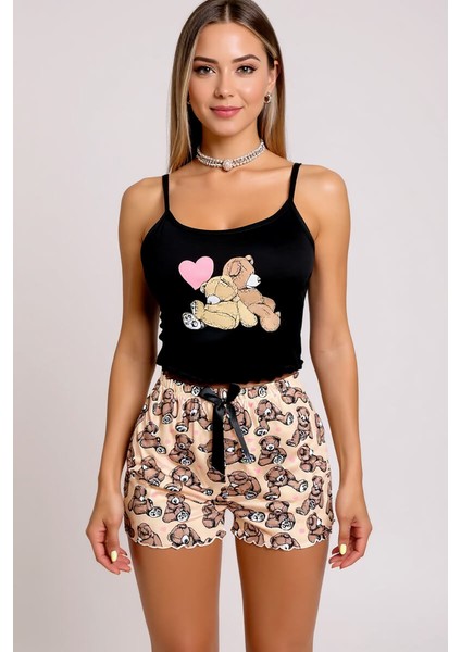 Renkli Ayıcık Desenli Askılı Şortlu Kadın Pijama Takımı